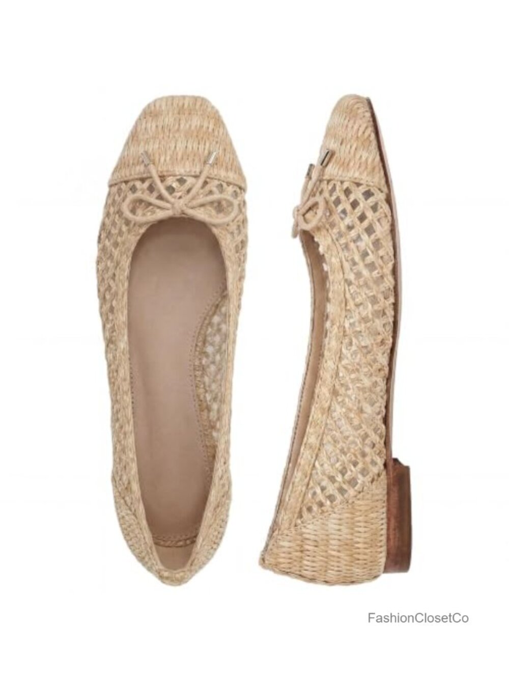 Woven Raffia Ballet Flats Square Toe Bow Slip On Dress Shoes